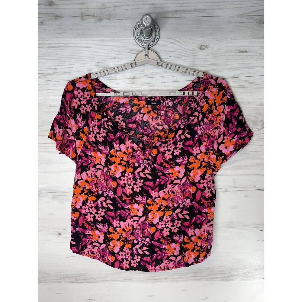 Ellos Shirt Womens 16 Black Pink Orange Floral Print Short Sleeve Scoop Neck‎